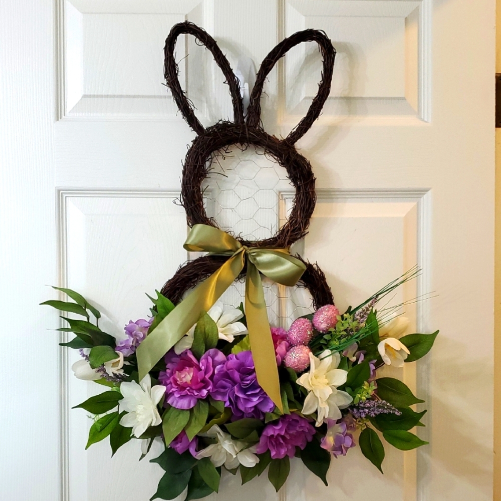 Easter Bunny Wreath with Purple and White Flowers